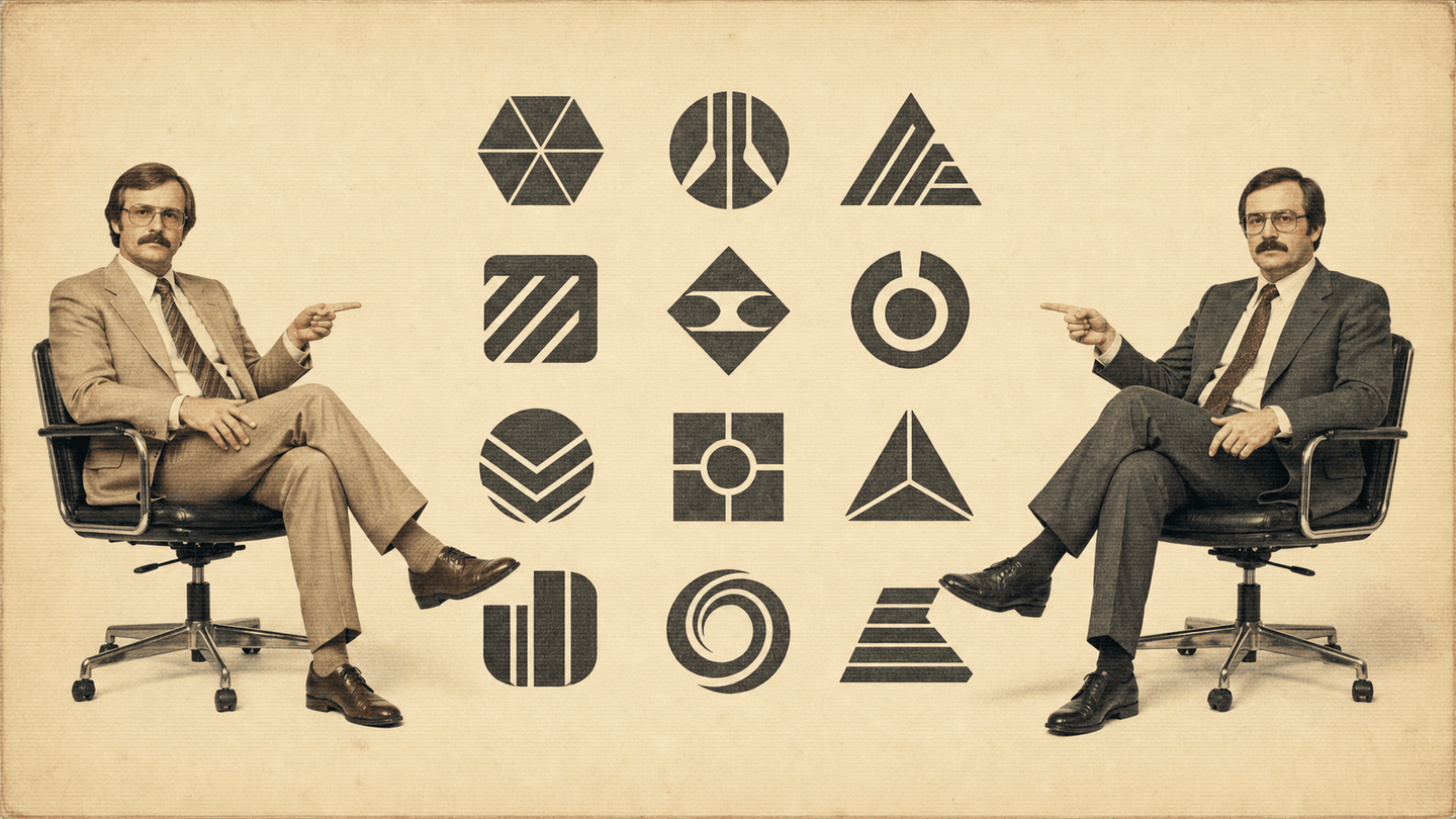 Original retro corporate collage with two business people and abstract client marks